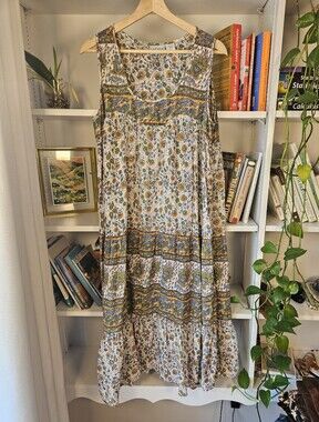 Midi Dress Floral Sundress Tiered White Blue Yellow Cotton Size Large Boho Beach